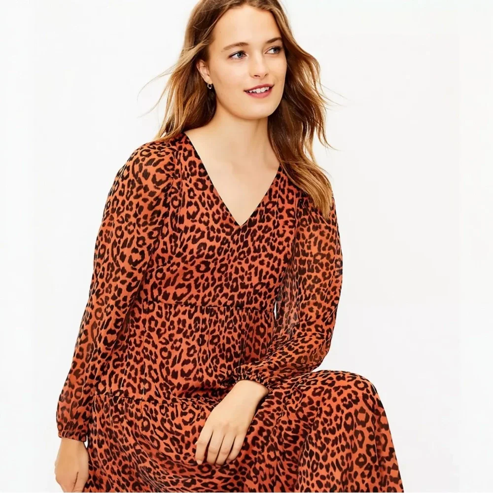Loft Petite Leopard Print Tiered V-Neck Midi Long Sleeve Dress‎ Size 6 #211 - Picture 2 of 11